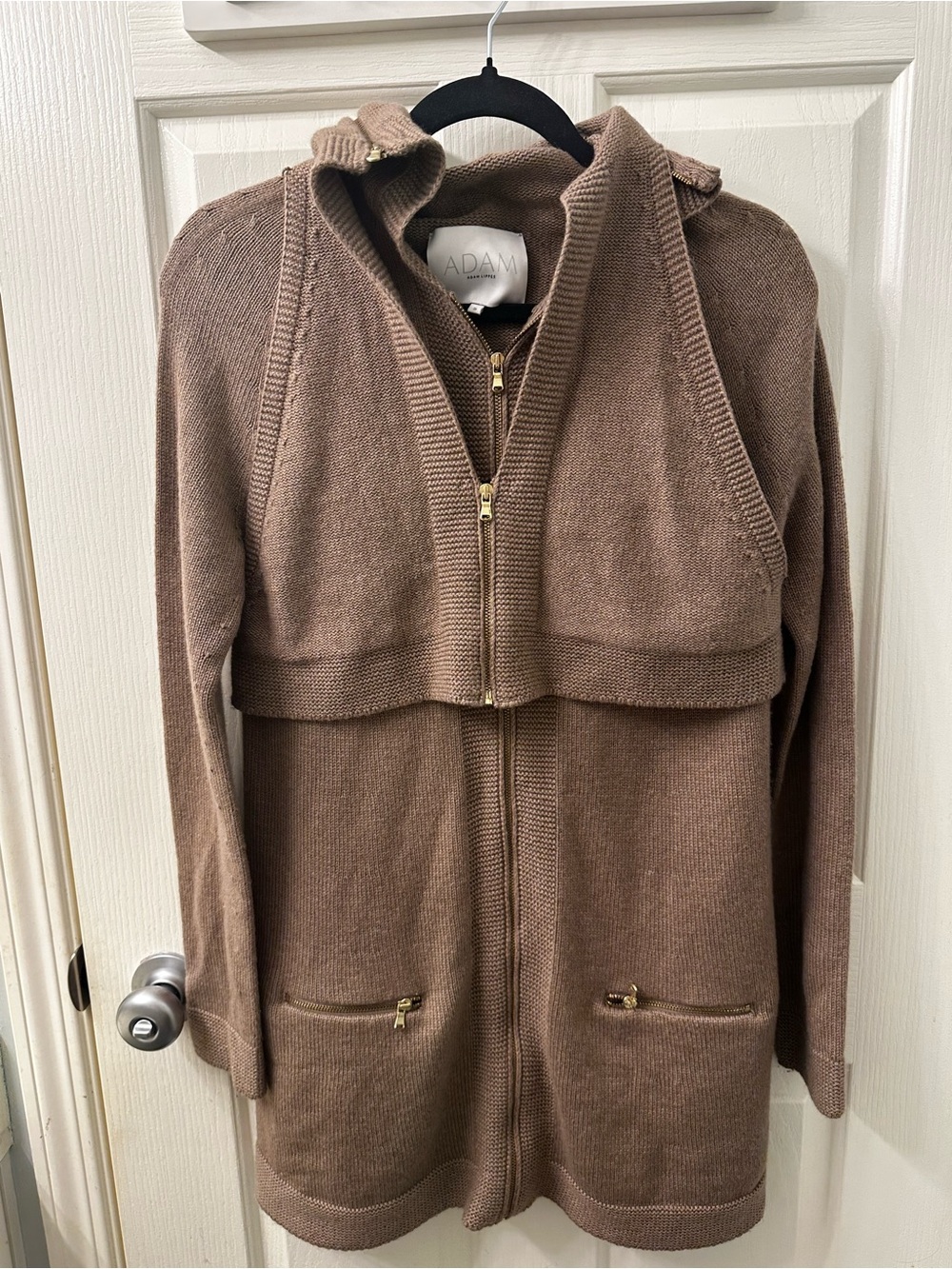 Adam Lippes Taupe-Brown Zip-Front Hooded Knit Jacket